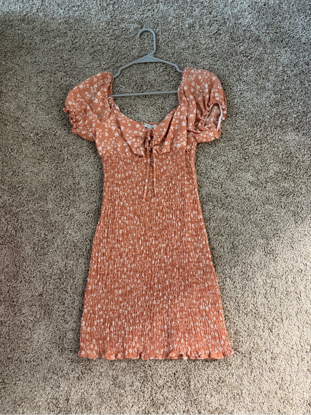 Love Tree Rust Floral Smocked Mini Dress with Puff Sleeves